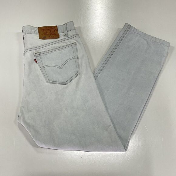 VTG 90’s Levi’s 501 White Straight Denim Blue Jeans Distressed Actual Size 34x28 - Picture 3 of 11